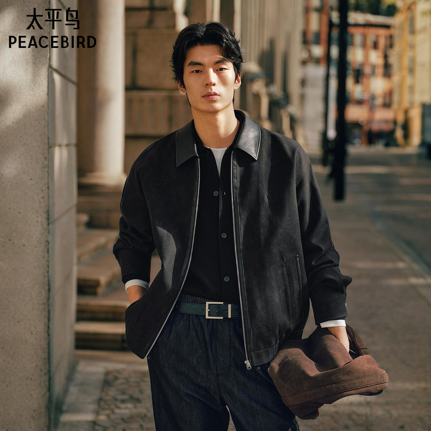 【巴恩风】太平鸟男装刺绣行政夹克pu皮拼接休闲外套通勤时尚茄克