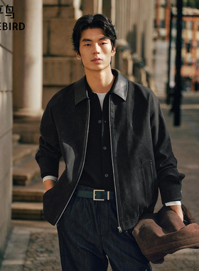 【巴恩风】太平鸟男装刺绣行政夹克pu皮拼接休闲外套通勤时尚茄克