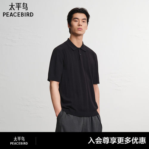 【商场同款】太平鸟男装 老钱风黑色立体绞花翻领Polo衫B1EEG216B