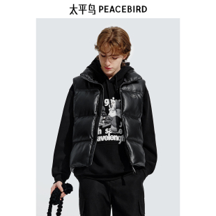 字母印花立领马甲外套秋冬PU皮羽绒服马甲潮流 太平鸟男装