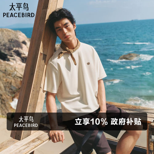 太平鸟男装小熊刺绣情侣体恤衫纯色时尚短袖T恤夏新款重磅半袖潮