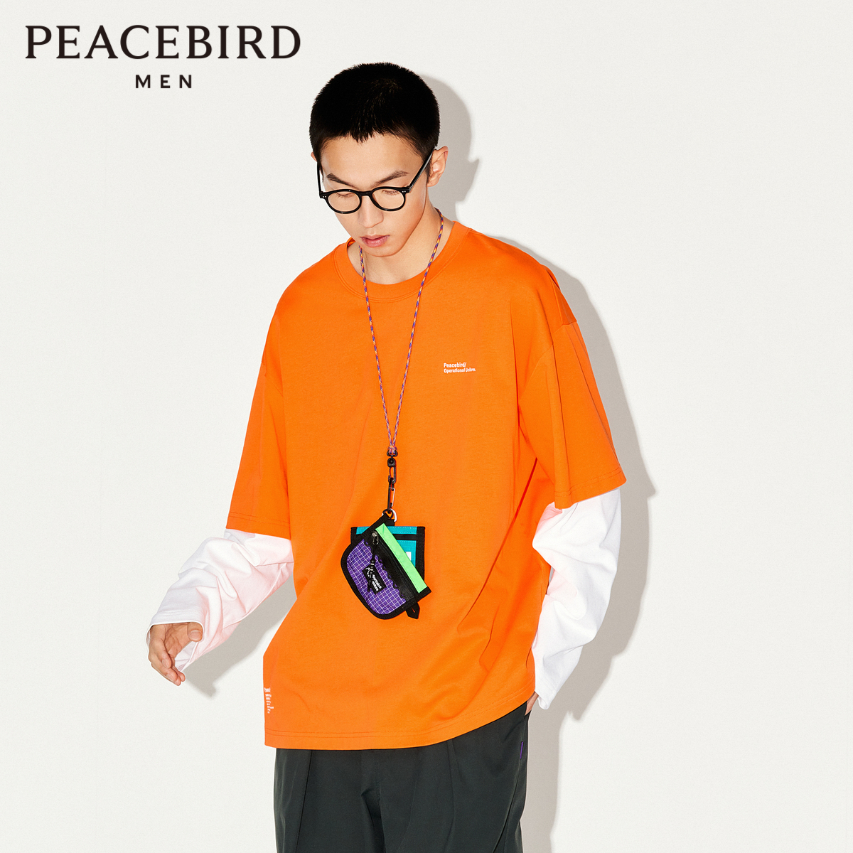 【潮流户外】太平鸟男装 秋季新款宽松假两件长袖T恤男B2CPD3302