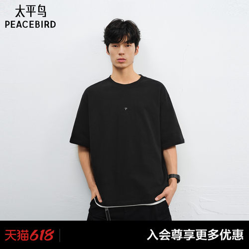 太平鸟男装 休闲T恤男士时尚舒适潮流纯色刺绣重磅短袖T恤夏体恤