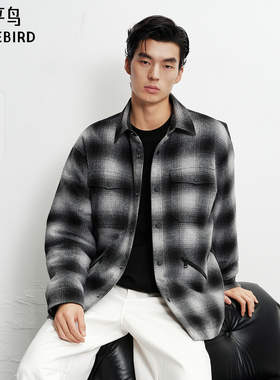 【商场同款】太平鸟男装 美式潮流黑白格纹毛呢羽绒服B1ACF4444