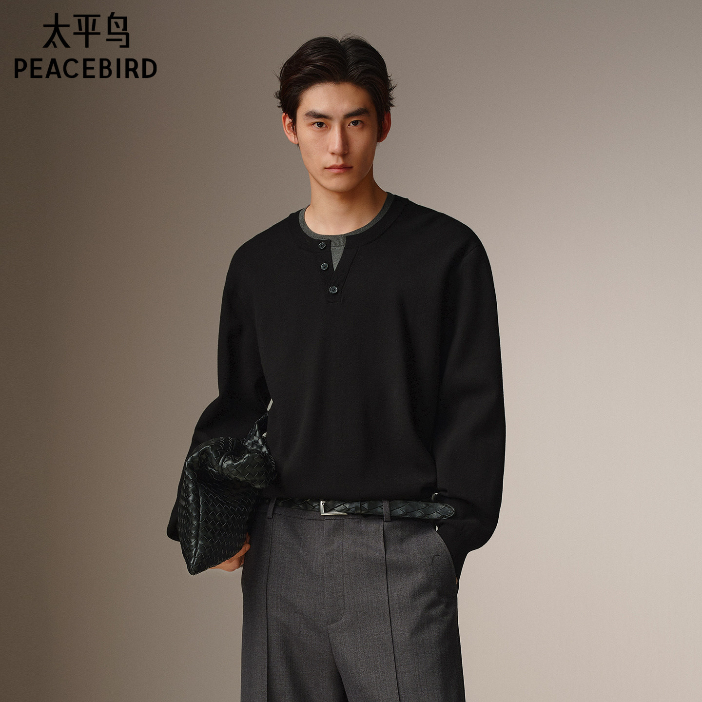 【商场同款】太平鸟男装 亨利领针织衫冬季时尚男士毛衫B1EBF4