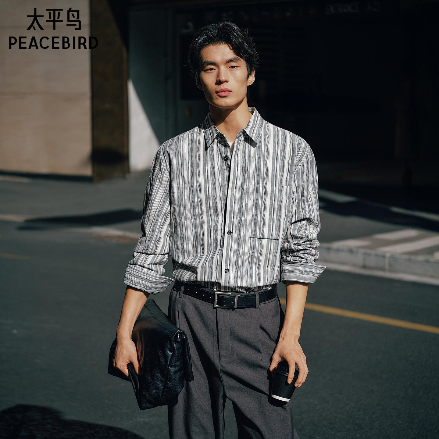 太平鸟男装 休闲衬衫26春季新款时尚外穿式衬衫肌理条纹男士衬衫