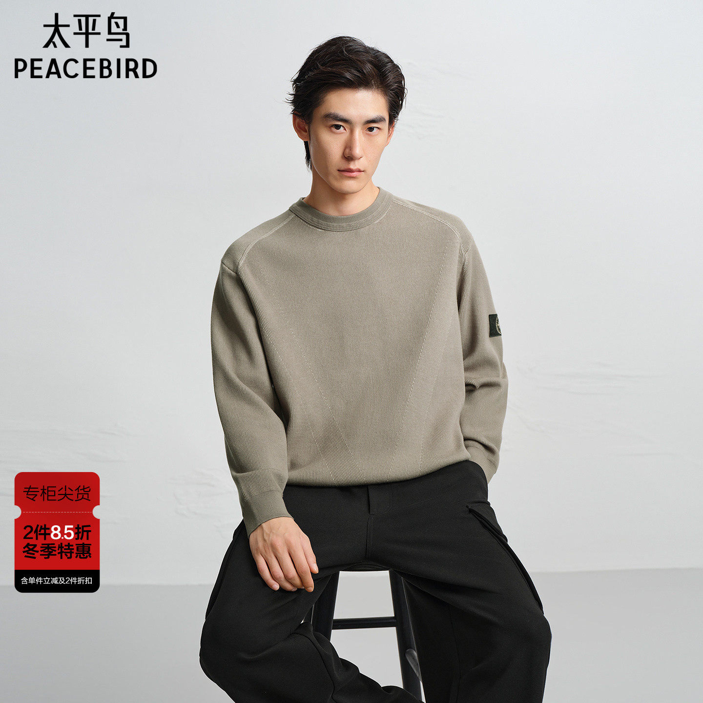 【商场同款】太平鸟男装 休闲毛衫男士时尚纯色圆领毛衣B2EBF4
