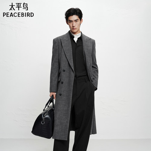 太平鸟男装 西装毛呢大衣冬季黑灰色翻领外套时尚长款质感大衣
