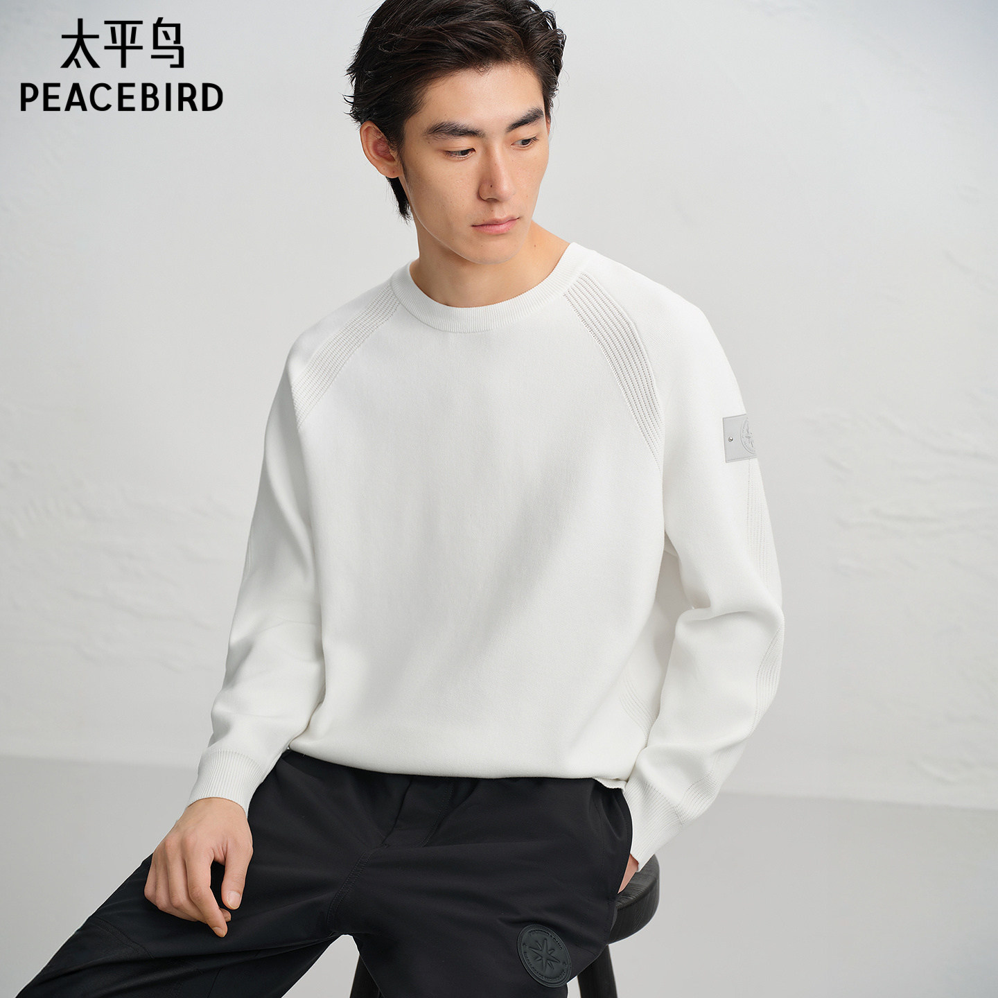 太平鸟男装毛衫冬季时尚宽松套头衫潮纯色缝标圆领休闲百搭上衣
