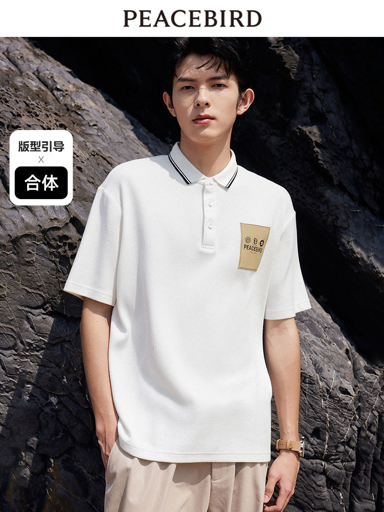 [WAFFLE]PEACEBIRD MENS POLO SHIRT MENS CONTRAST LAPELS SHORT SLEEVE T-SHIRT EMBROIDERED LABEL POLO SHIRT
