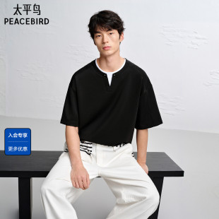 潮流黑白撞色亨利领短袖 太平鸟男装 T恤男B1CNG2162 商场同款