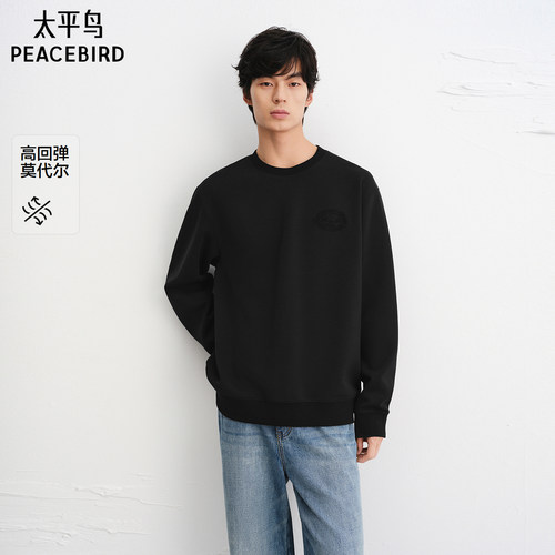 太平鸟男装 高弹莫代尔潮流卫衣时尚刺绣黑色圆领套头外套青年