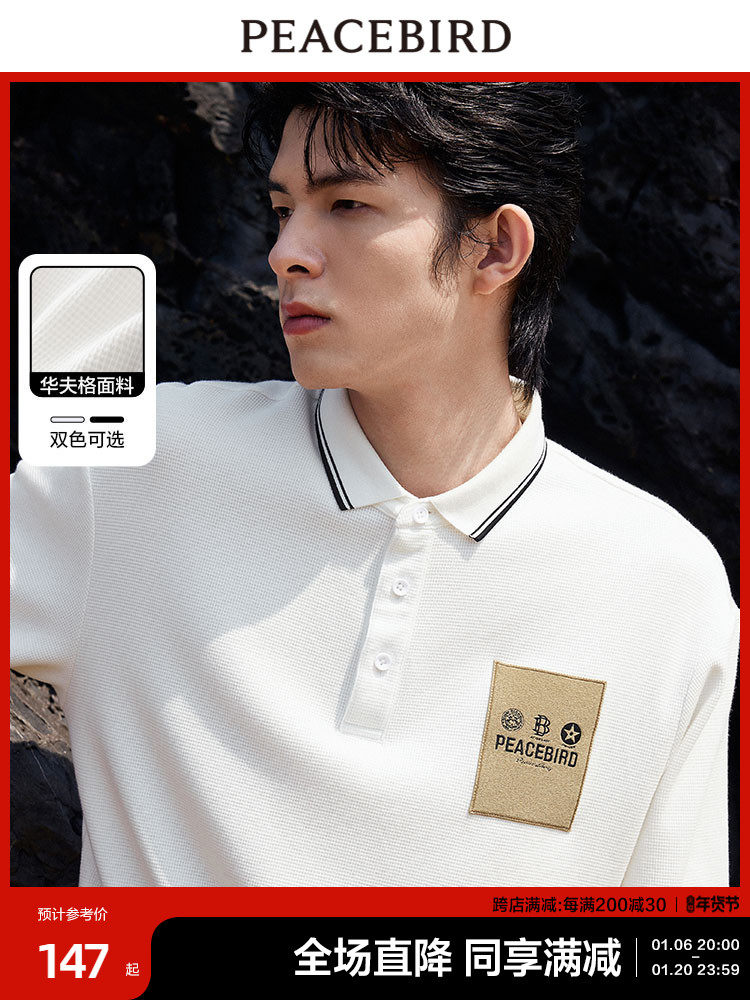 [WAFFLE]PEACEBIRD MENS POLO SHIRT MENS CONTRAST LAPELS SHORT SLEEVE T-SHIRT EMBROIDERED LABEL POLO SHIRT
