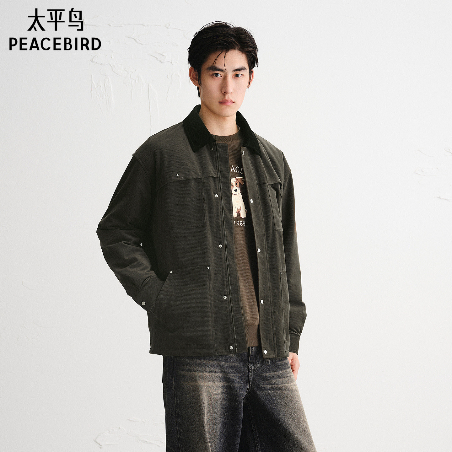 【巴恩风】太平鸟男装灯芯绒夹克新款工装宽松茄克拼接休闲外套