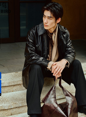 【锋度皮衣】太平鸟男装翻领牛皮外套中长款真皮夹克潮B1BDF4F11