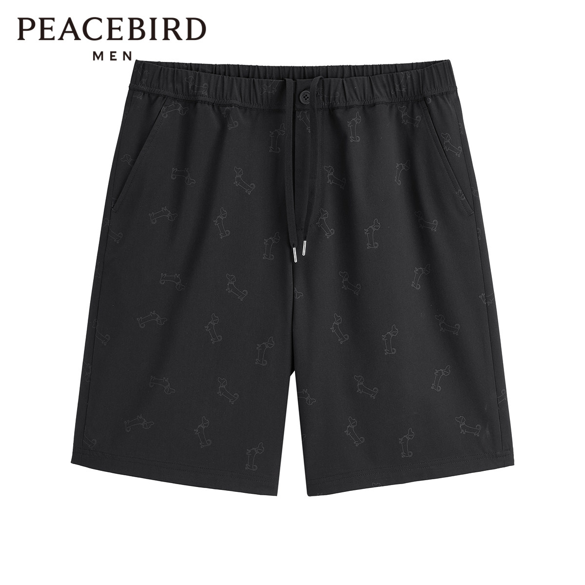 太平鸟男装 黑色老花松紧腰抽绳休闲短裤男满印修身五分中裤男