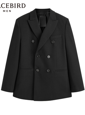【大师系列】太平鸟男装黑色羊毛西服双排扣斯文西装男B1BAD4V07