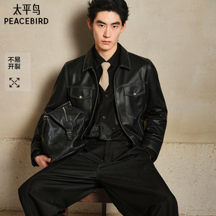 茄克外套潮流 青年翻领工装 太平鸟男装 撞色明线pu皮夹克25秋新款