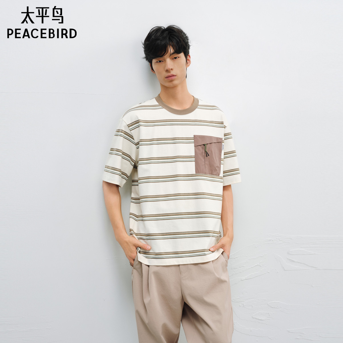 太平鸟男装 休闲T恤男士时尚舒适潮流美式复古条纹短袖T恤体恤衫