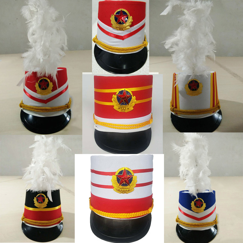 儿童鼓号队服装帽子羽毛高帽男女升旗手服装帽子腰带手套服装配饰