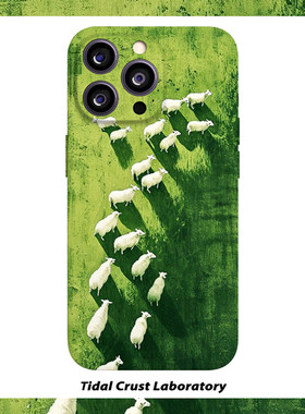 绿色草原可爱绵羊油画菲林二合一手机壳适用苹果17nova14华为p70mate60小米15opporen14ovivo荣耀300iPhone16