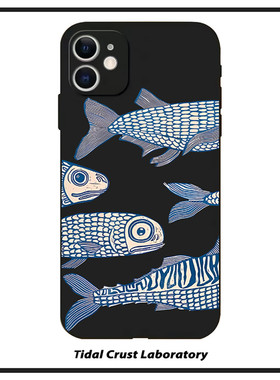 搞怪的鱼手绘酷黑色液态硅胶全包手机壳适用苹果17nova14华为p70/mate70小米15opporeno14vivo30荣耀iPhone15