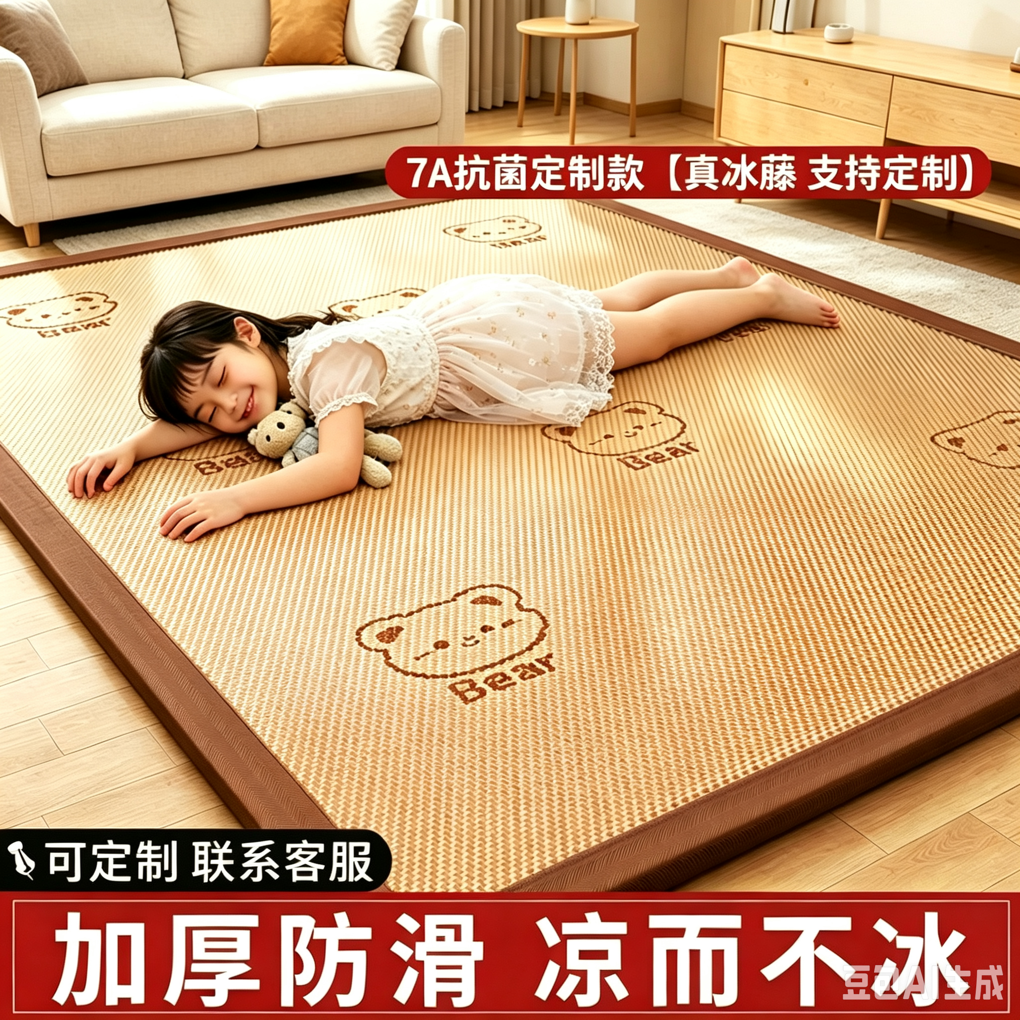 定制加厚凉席冰藤席打地铺防滑夏季床垫席家用儿童可折叠睡垫软垫