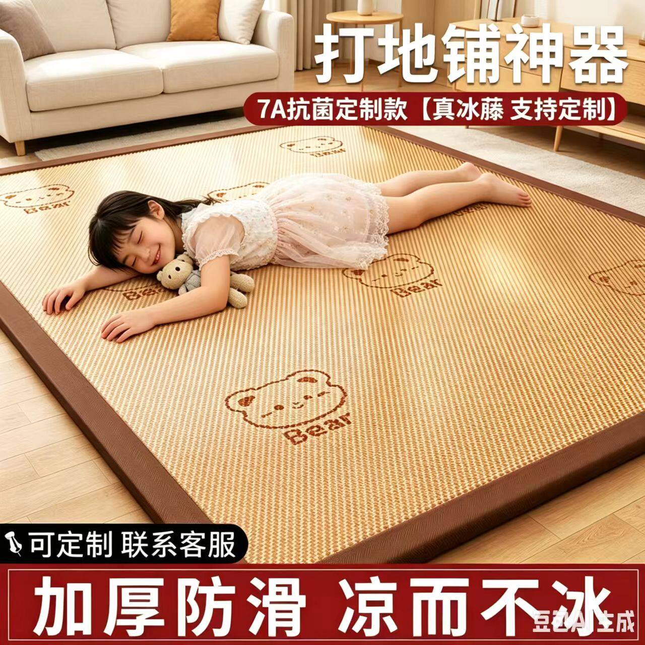 定制加厚凉席冰藤席打地铺防滑夏季床垫席家用儿童可折叠睡垫软垫