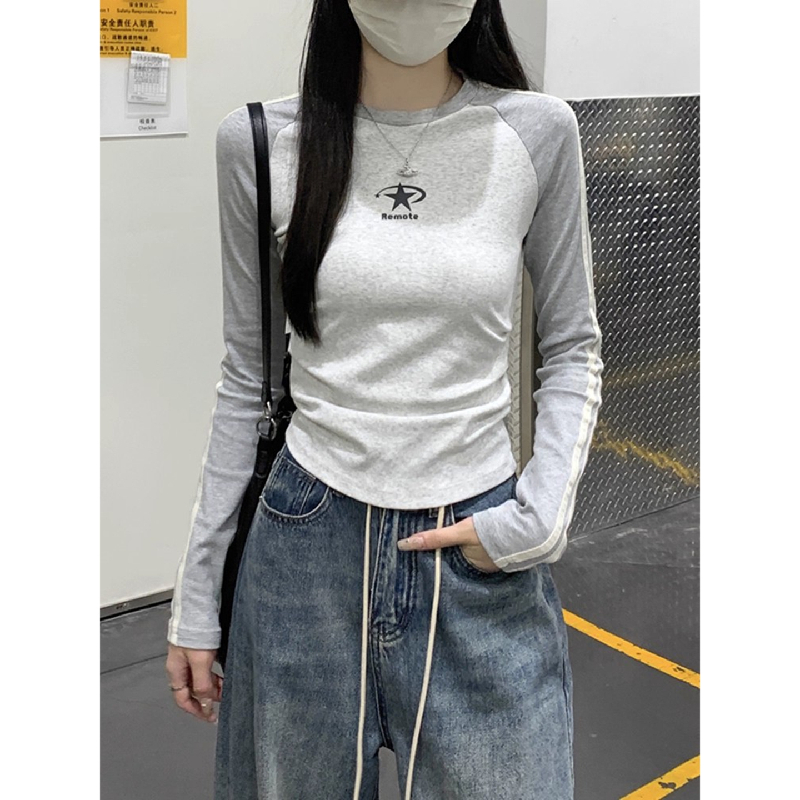 美式星星印花插肩长袖t恤女上衣