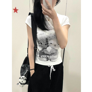 美式hellokitty印花正肩短袖T恤女夏季设计感修身显瘦别致上衣潮