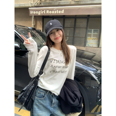 美式字母印花长袖修身T恤女上衣