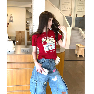 趣味可爱印花正肩T恤女夏季红色穿搭多巴胺短袖修身显瘦短款上衣