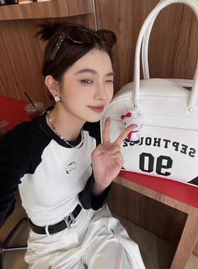 长袖T恤上衣女撞色正肩短款露脐