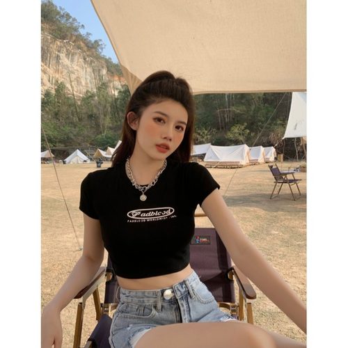 美式正肩短袖t恤女夏季纯棉短款
