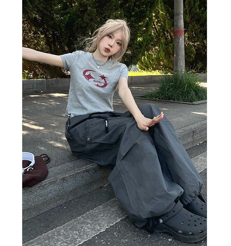 短袖T恤上衣夏灰色正肩短款露脐