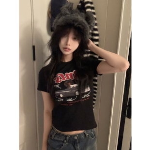 显瘦短款 美式 设计感印花修身 ins超火黑色正肩短袖 上衣潮 T恤女夏季