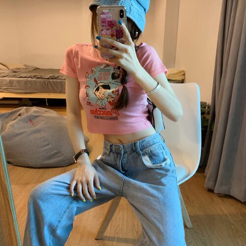 甜辣风bm粉色短袖t恤女夏季短款