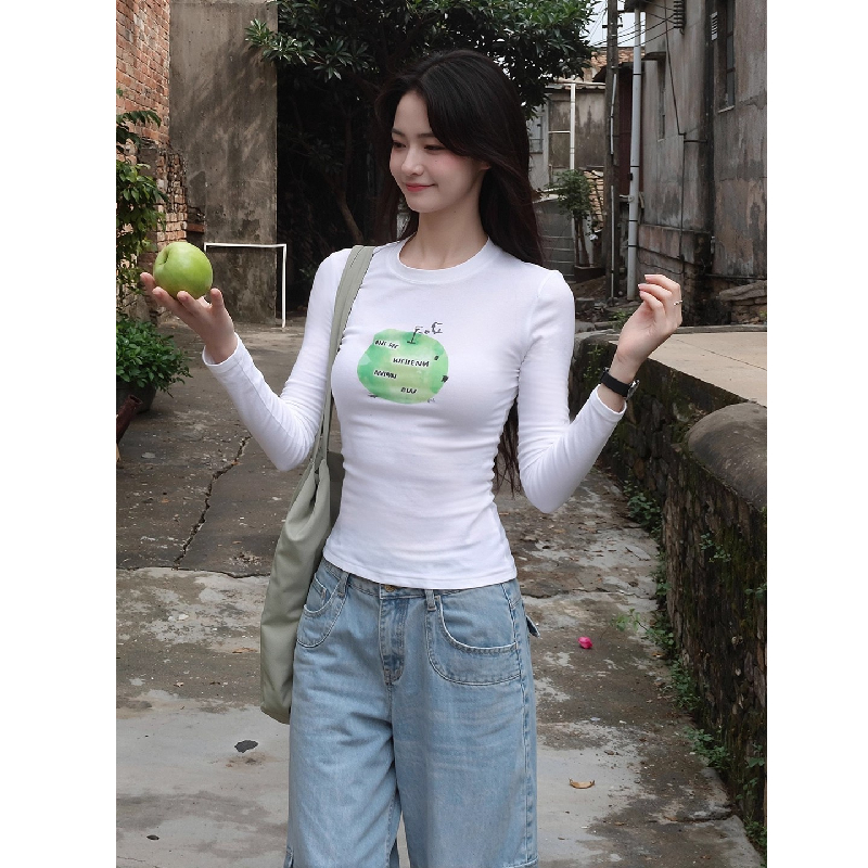 绿苹果印花长袖显瘦T恤女上衣潮