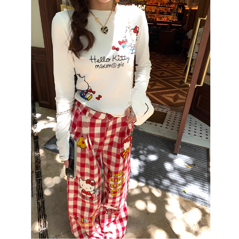 美式复古趣味卡通印花长袖T恤女