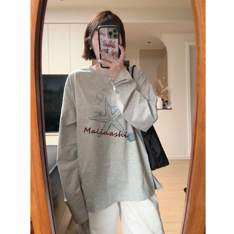 韩系灰色纯棉海星印花长袖T恤女
