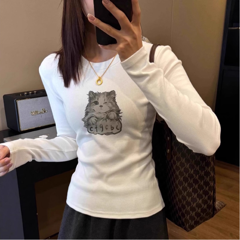 美式复古猫咪印花正肩长袖T恤女
