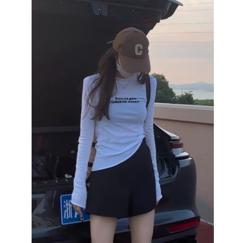 美式复古字母印花正肩长袖T恤女