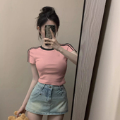 美式 短款 撞色正肩短袖 辣妹修身 露脐上衣 T恤女夏季 多巴胺自留推荐