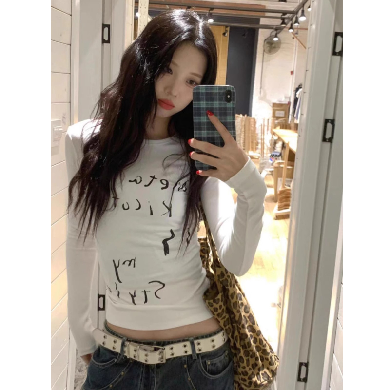 美式白色字母印花正肩长袖T恤女