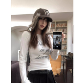 辣妹风字母印花正肩长袖 上衣 显瘦内搭打底衫 T恤女秋季 设计感修身