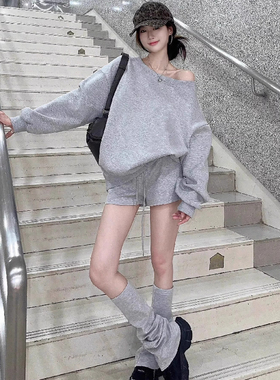 斜肩卫衣上衣慵懒休闲斜肩长袖女