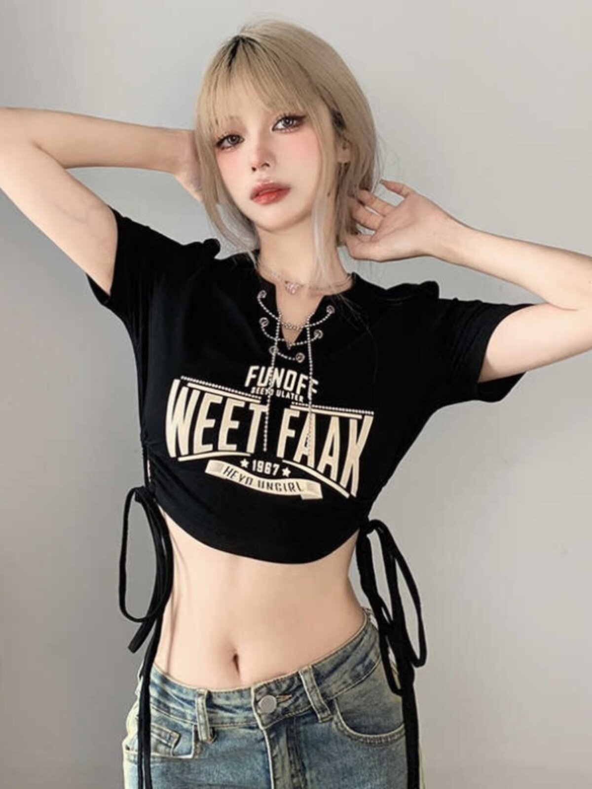 AMERICAN SHORT SLEEVE PRINTED T-SHIRT WOMENS SUMMER DESIGN SENSE CHAIN V-NECK BABES DRAWSTRING CARDED WAIST CROPPED CROP TOP TIDE