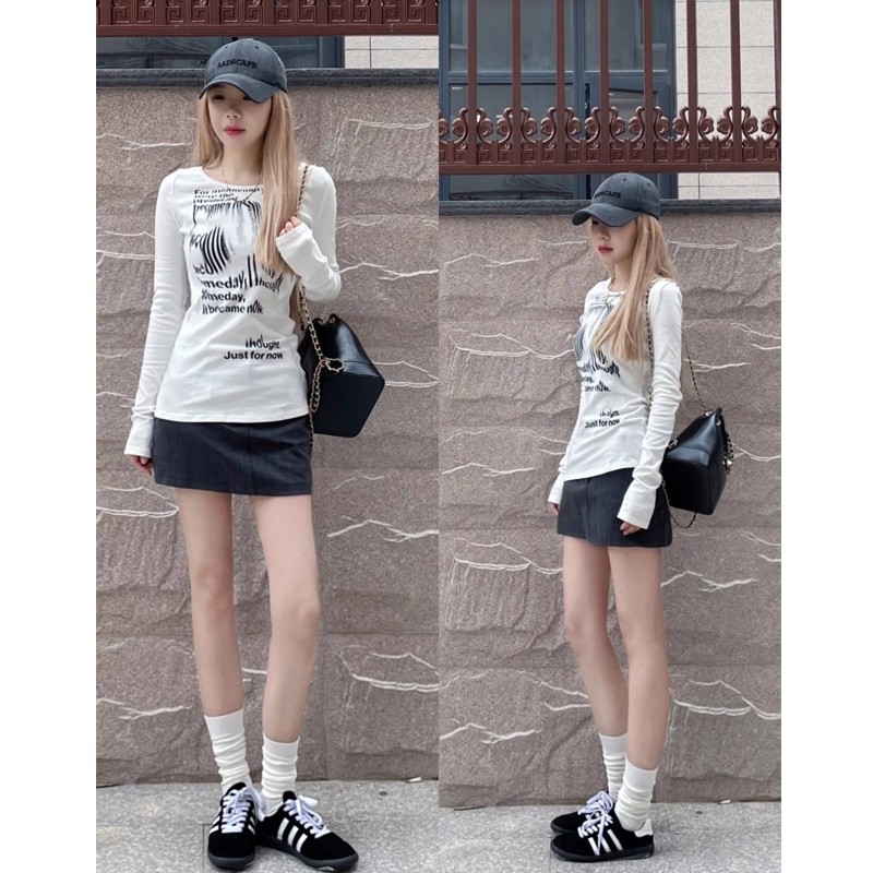 美式复古设计印花正肩长袖T恤女