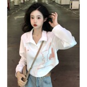 t恤女秋冬新款 不规则短款 正肩长袖 宽松设计感polo领印花上衣ins潮