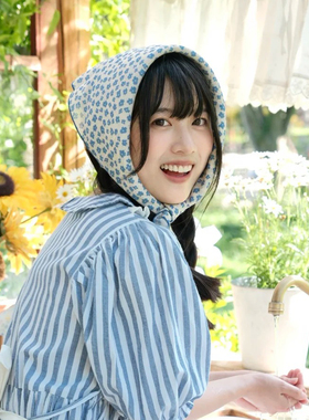 复古蓝色碎花小方巾小清新田园风头巾文艺气质防晒丝巾绑发包头巾